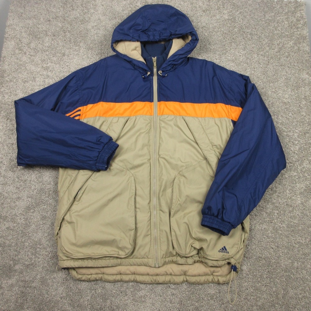 Vintage Adidas Jacket Mens XL Blue‎ Beige Puffer Coat Outerwear Outdoor Pockets
